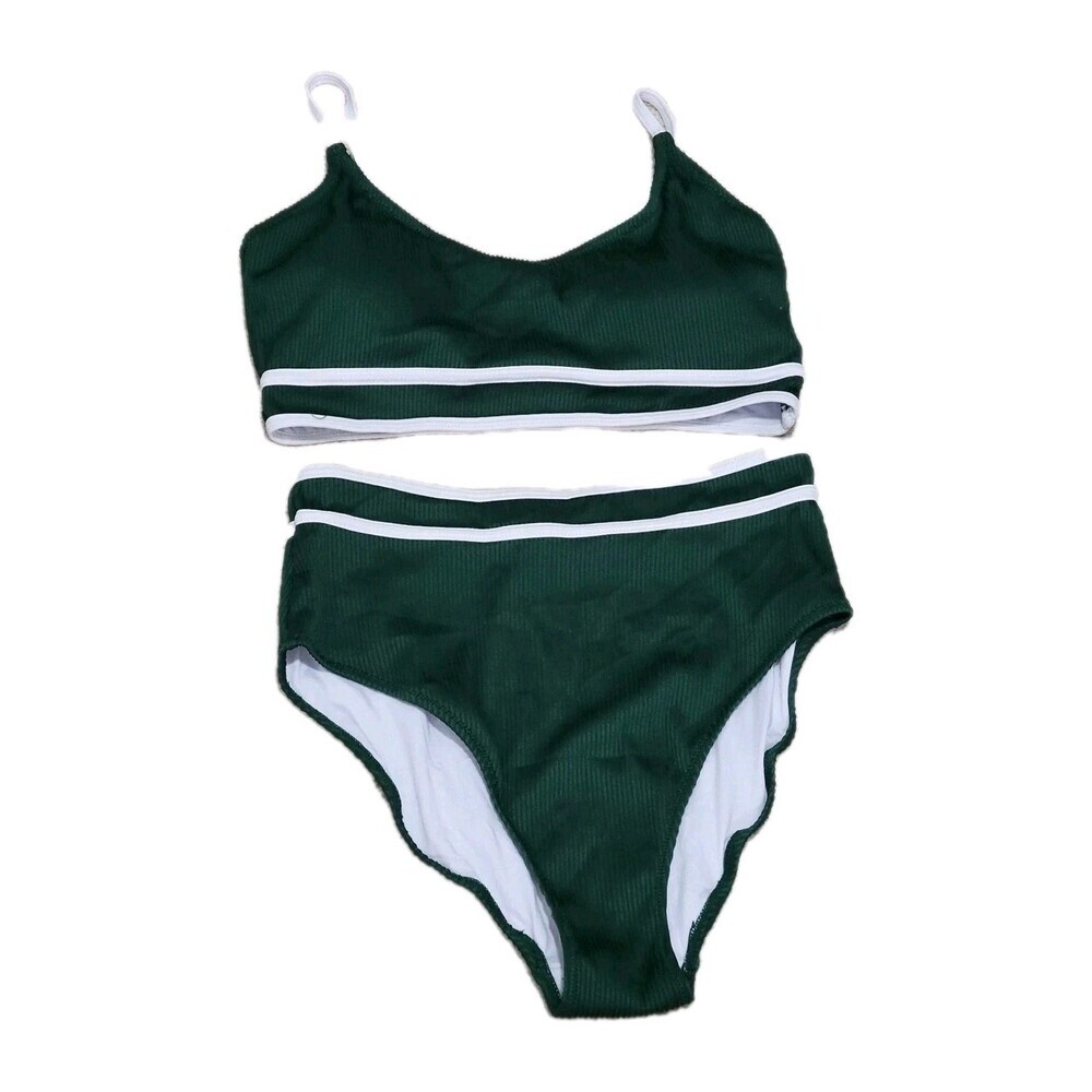 Blooming Jelly Swim Suit Medium Women's 2 Piece Hunter Green White High Waist